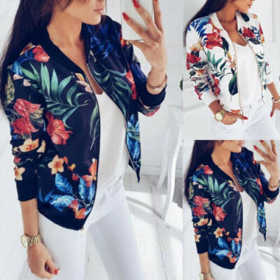 

Fashion Womens Ladies Vintage Floral Zipper Up Bomber Jacket Casual Coat Outwear