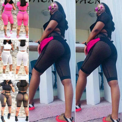 

2PCS Womens Crop Tops Shorts Pants Bodycon Casual Outfit Sportswear Tracksuit