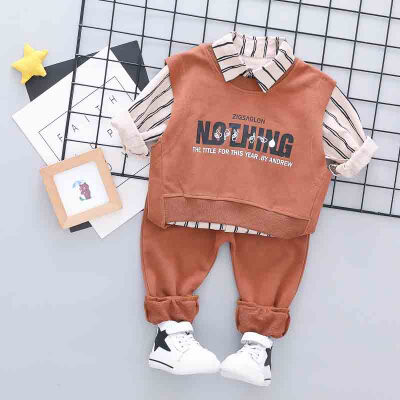 

Autumn Baby Boy Long Sleeve Striped Print Shirt Letters Sleeveless Sweatshirt Trousers Casual Outfits