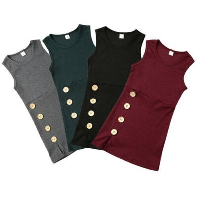 

Toddler Kids Baby Girl Plain Solid Sleeveless Dress Casual Party Button Knitted Dresses Clothes