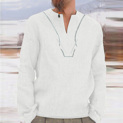 

Toponeto Mens Baggy Retro Cotton Blend Solid Embroidery Long Sleeve V Neck Shirts Tops