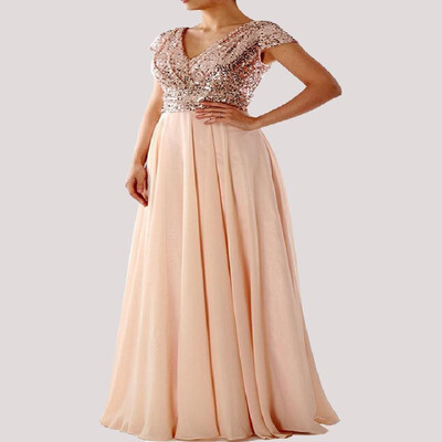 

V-neck Sequins Solid Full-length Chiffon Splice Bustier Evening Dress