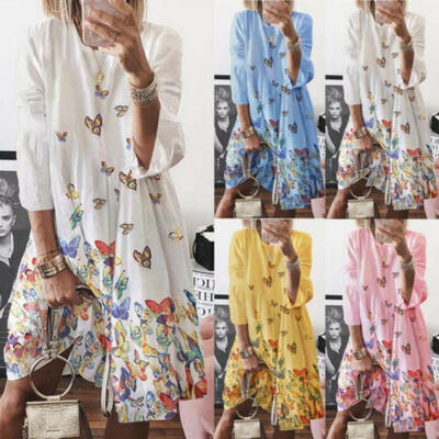 

Summer Women Vintage A-Line Dress Tunic Long Sleeve Butterfly Print Sundress