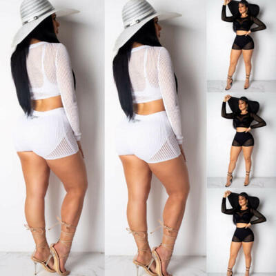 

2pcs Women Hooded Long Sleeves Bodycon Club Mesh Casual Jumpsuit Playsuit