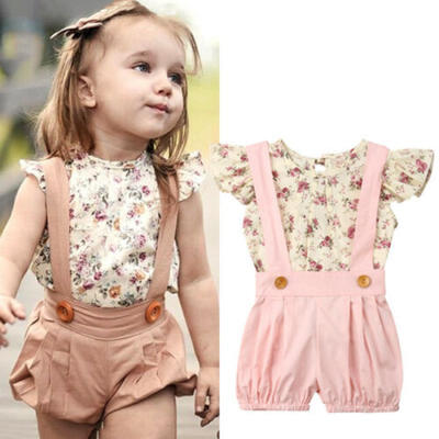 

Cute Toddler Kid Baby Girl Summer Floral Tops Bib Shorts Overalls Outfit Clothes