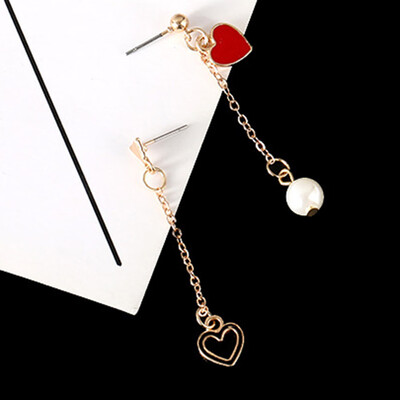 

Jewelry Earrings Red Love Heart-Shaped Asymmetric Earrings Korean Girls Personality Fashion Gift