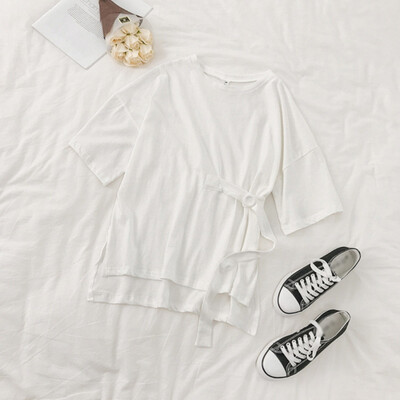 

Summer Korean Loose Irregular Lace lace-up Waist Design Short-sleeved T-shirt Female Ins Solid Color Shirt