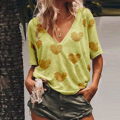 

Nomeni Womens Summer Casual Loose V-Neck Heart-Shaped Print T-Shirt Top