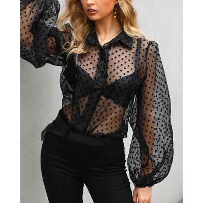 

Hot Women See-through Sheer Mesh Dot Blouse Puff Long Sleeve T-shirt Tops Shirts