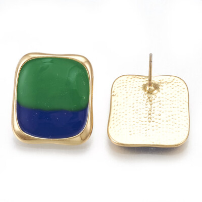 

Alloy Enamel Stud Earrings Rectangle Light Gold Green 195x175mm Pin 07mm