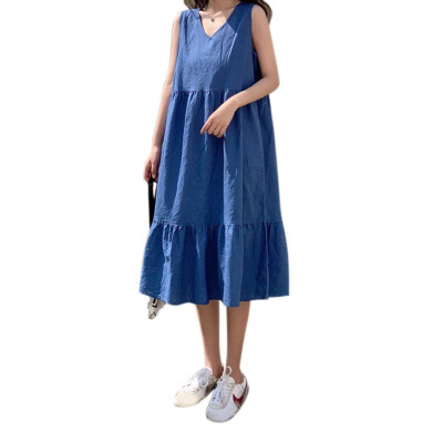 

Women Summer Fashion Concise Casual All-match Solid Color Loose Sleeveless Dresses