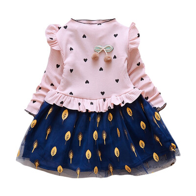 

Ruffle Leaf Print Girl Dress Stand Collar Long Sleeve Heart Print Mesh Children Garment