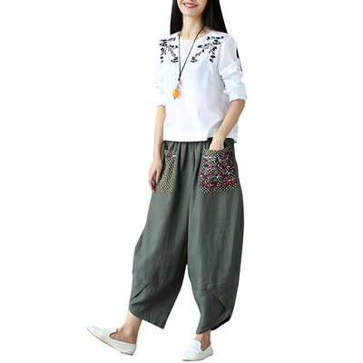 

Vintage Women Ethnic Splicing Harem Pants Elastic Waist Wide Leg Trousers Baggy Loose Cotton Linen Pants