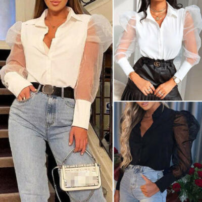 

Women Ladies Puff Mesh Sleeve Tops Pullover Sweater Blouse Loose Jumper Tops UK