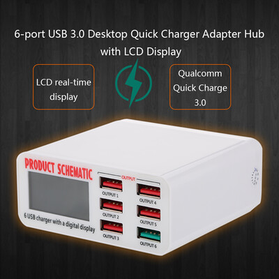 

Quick Charge 30 6-Port 6A USB Desktop Charger Adapter Hub Multi Port USB Wall Charger Dock Station with LCD Display Intelligent I