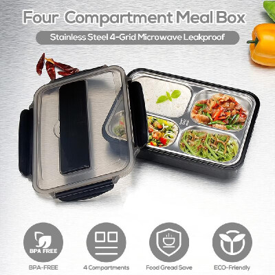 

304 Stainless Steel Lunch Box 4-Grid Microwave Leakproof Four Compartment Meal Box with Free Tableware Set for Students Office Pic