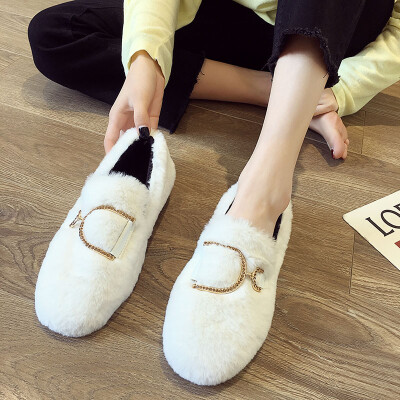 

Flat shoes womens autumn Korean version of metal buckle round head mouth pouring shoes Joker ins tide Mao Mao shoes