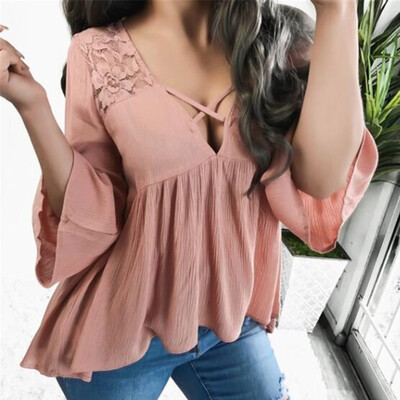

Starmoon Women Summer Lady Deep V Neck Lace Long Sleeve Blouse Shirt Top