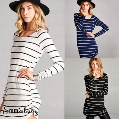 

US Women Casual Long Sleeve Striped Shirt Scoop Neck Loose Slim Blouse Tops Plus