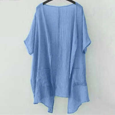 

Women Soft Thin Tops Pure Colors Breathable Short Sleeve Chiffon Pocket Outwear