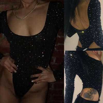 

Sexy Womens Crystal Bodysuit Slim Fit Jumpsuits Short Romper Long Sleeve Tops