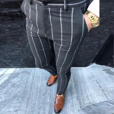 

Gobestart Fashion Men Casual Business Slim Fit Striped Print Zipper Long Pants Trousers