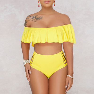

Roseonmyhand Sexy Women Bikini Set Ruffle Solid Off-Shoulder Swimmer Push Up Swimsuit