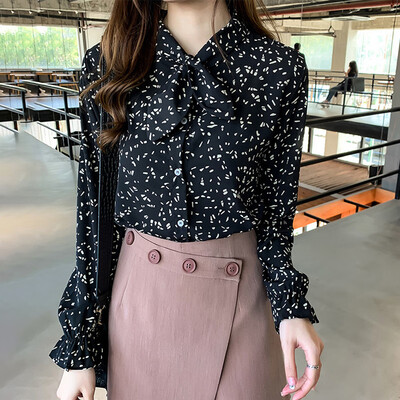 

Womens Long Sleeve Printed Tops Blouse Ladies Casual OL Bow Tie Neck Shirts