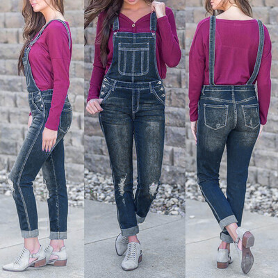 

Tailored Women Casual Denim Bib Pants Hole Overalls Jeans Straps Demin Trousers Rompers