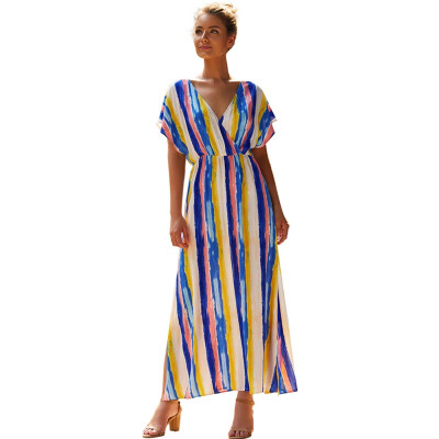 

Autumn Bohemian V-neck Rainbow Stripe Dress