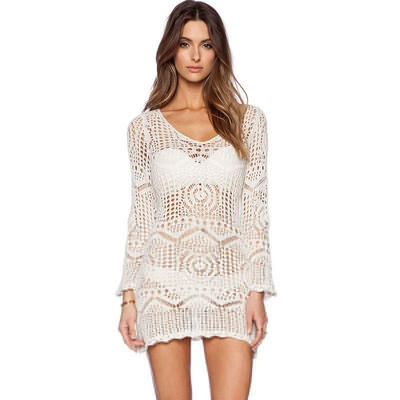 

Fashion Women&acutes Summer Boho Sexy Lace Hollow Knit Bikini Cover Up Crochet Mini Beach Dress Tops Blouse White