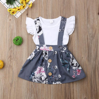

2PCS Toddler Kids Baby Girl Summer Clothes Ruffle Sleeve Romper BodysuitFloral Skirt Sling Dress Outfits