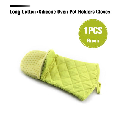 

1PC Long CottonSilicone Oven Pot Holders Gloves Heat Resistant Kitchen Baking Cook Gloves Avoid Scald AccidentGreen