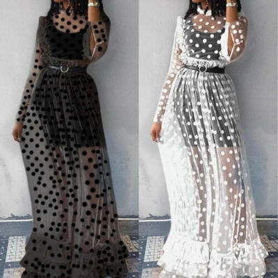 

Women Mesh Sheer See-Through Polka Dot Long Sleeve Maxi Dress Long Party Gown only the outside dress