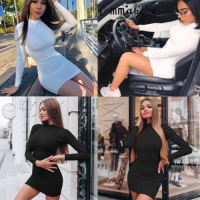 

Women Sexy Bodycon Plus velvet Long Sleeve High Collar Solid Color Dress Cocktail Club Mini Dress