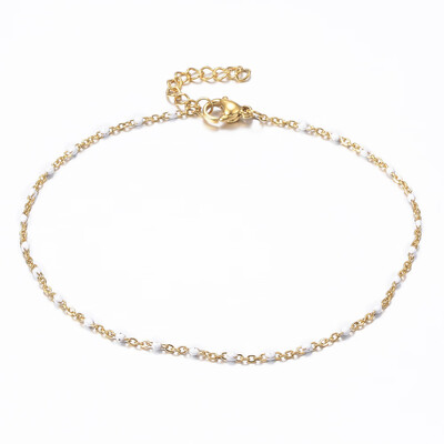 

304 Stainless Steel Cable Chain Anklets with Enamel Links Golden White 9"23cm 152mm
