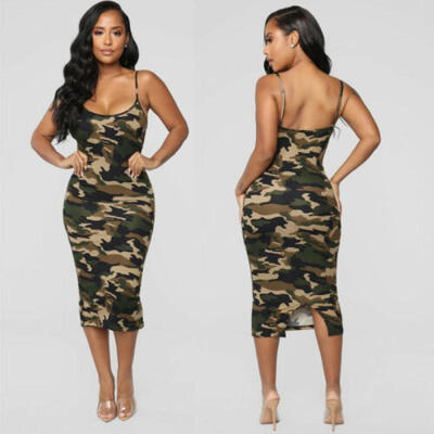 

WOMEN OLIVE GREEN CAMO CAMOUFLAGE MILITARY TANK MAXI DRESS SUNDRESS  M L XL XXL