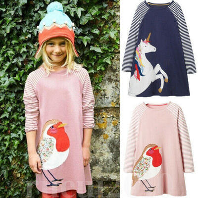 

Cotton Kids Baby Girls Dress Unicorn Striped Dress Top Long Sleeve Party Dresses