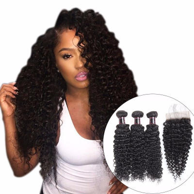 

Afro Kinky Curly Weave Human Hair Bundles With Lace Closure Non-remy Hair Peruvian Hair Weave 3 Bundles With Closure