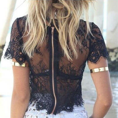 

Sexy Women Blusas Femininas Short Sleeve V Neck Vintage Lace Blouse Hollow Out Zipper Back Crop Top Clubwear