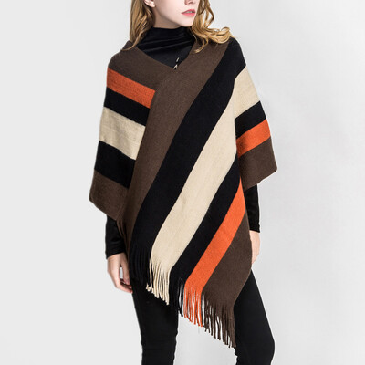 

Toponeto Fashion Women Blanket Stripe Splicing Pattern Coat Wrap Cozy Shawl