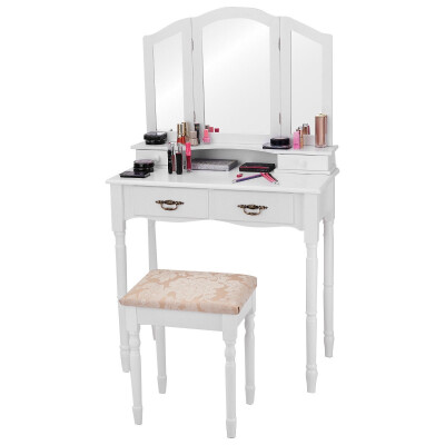 

Black White Vanity Makeup Dressing Table with Tri Folding Mirror-White