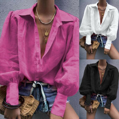 

Women Cotton Linen Casual Solid Tops Long Sleeve Shirt Blouse Button Down Tops