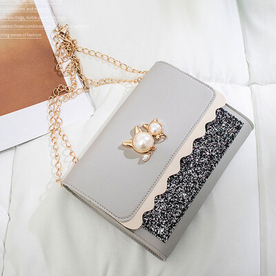 

Tailored Cute Cat Pearl Pendant Sequin Small Square Bag Wild Shoulder Messenger Bag