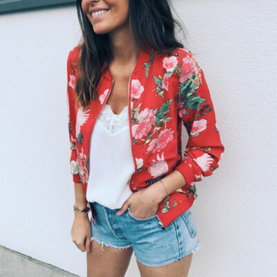 

Women Casual Retro Stand Collar Zipper Up Short Hem Bomber Jacket Coat Floral