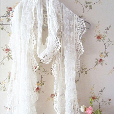 

Fashion Women Lady Long Scarf Embroidery Floral Crochet Mesh Lace Trim Shawl