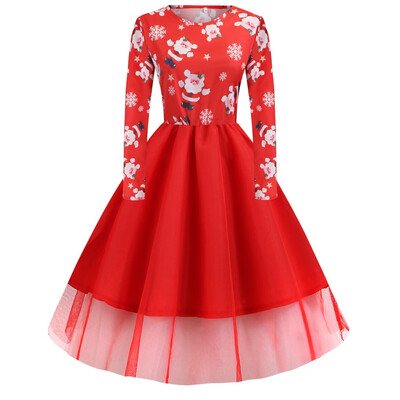 

Gobestart Womens Vintage Christmas Santa Claus Ladies Long Sleeves Dress Xmas Dress