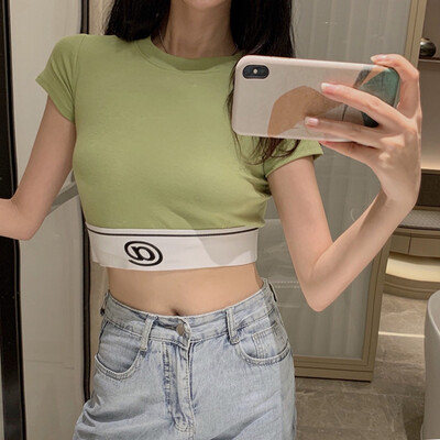 

Slim Letter Printed Crop Tops Simple Beautiful Short Sleeve Round Neck Tees