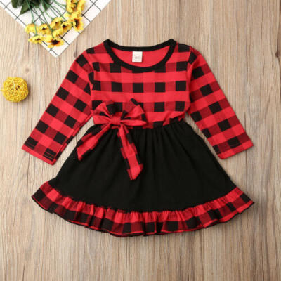 

Toddler Baby Kid Girl Christmas Clothes Long Sleeve Plaid Party Dress Tutu Dress