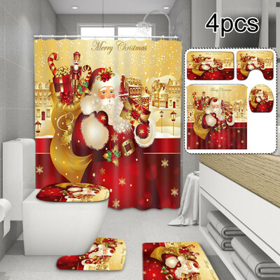 

Xmas Christmas Shower Curtain Bathroom Anti-Slip Carpet Rug Toilet Cover Mat Kit